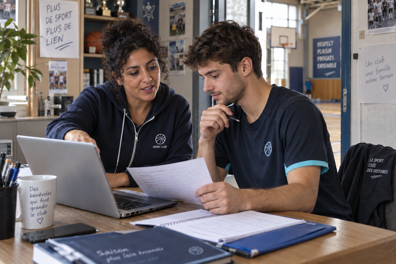 Illustration : deux bénévoles d’un club de basket vérifient ensemble leur organisation sur ordinateur.