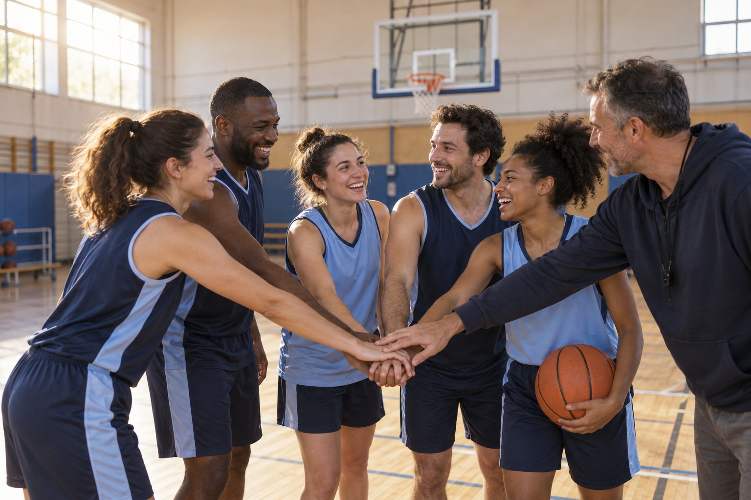 Illustration créée par IA : une équipe de basket réunit ses mains après un entraînement.