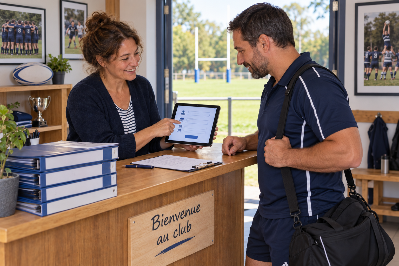 Illustration créée par IA : une bénévole accueille et accompagne un adhérent dans un club de rugby.