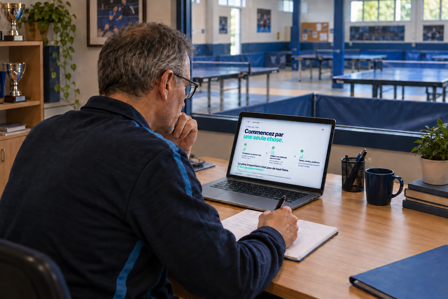 Illustration créée par IA : un dirigeant de club de tennis de table suit une formation en ligne.