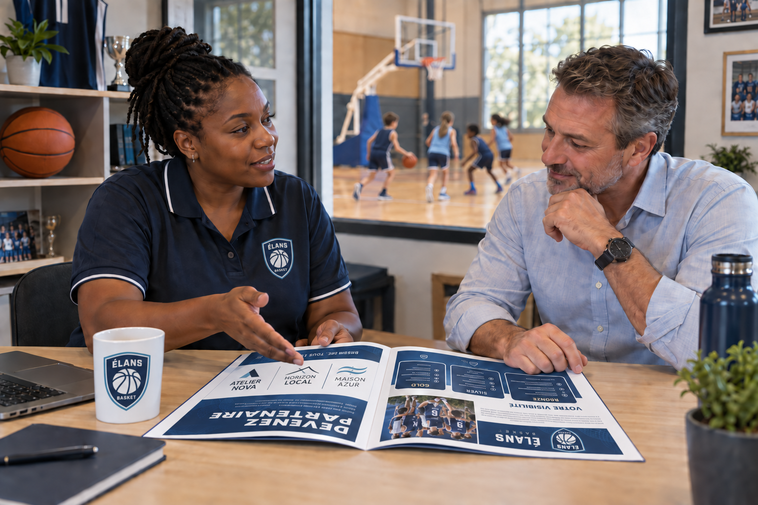 Illustration créée par IA : présentation du projet d’un club de basket à un partenaire.