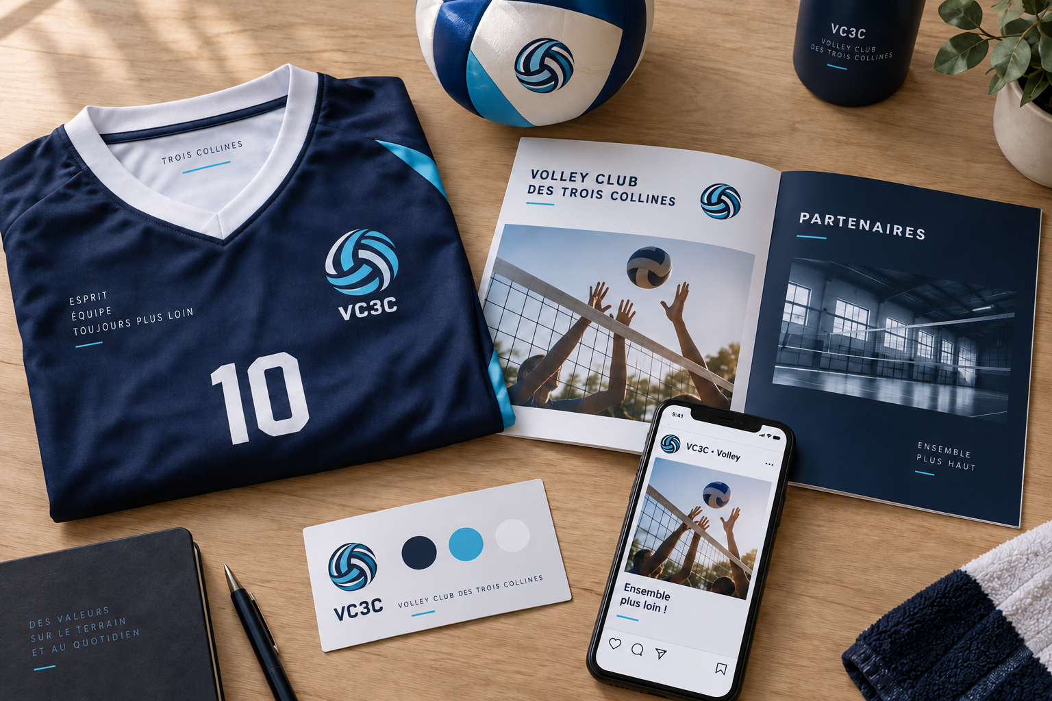 Exemple illustratif : identité visuelle cohérente d’un club de volley sur maillot, plaquette et réseaux sociaux.