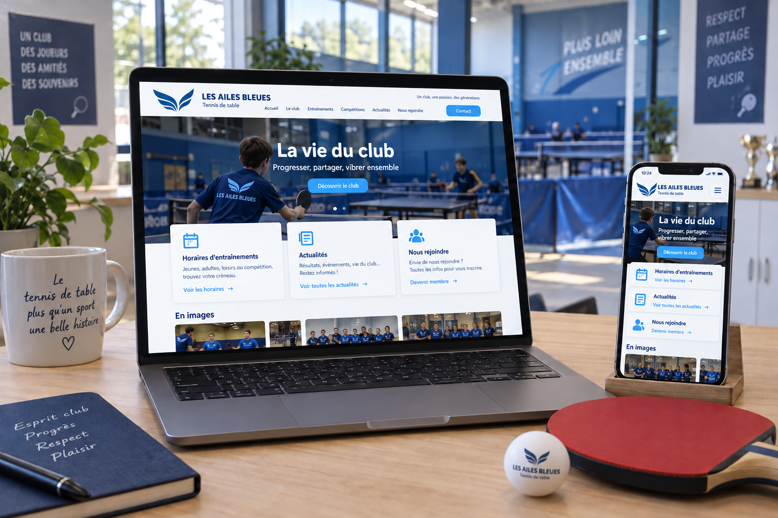 Exemple illustratif : site d’un club de tennis de table sur ordinateur et mobile.
